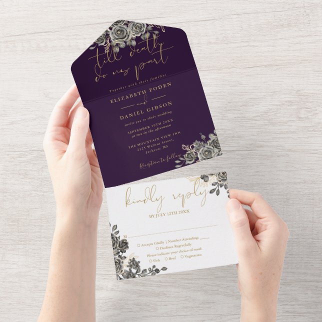 Gothic Purple And Gold Roses Floral Wedding All In One Invitation (Tearaway)