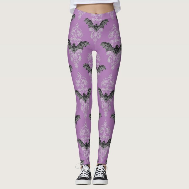 Gothic Purple Black Bats Pattern Leggings (Front)