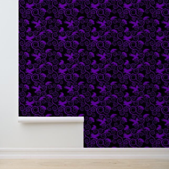 Gothic Purple Black Jacquard Raven Victorian Wallpaper (Application)