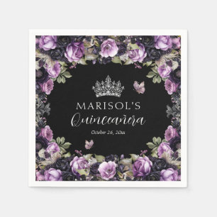 Gothic Purple & Black Moody Florals Quinceañera Napkin