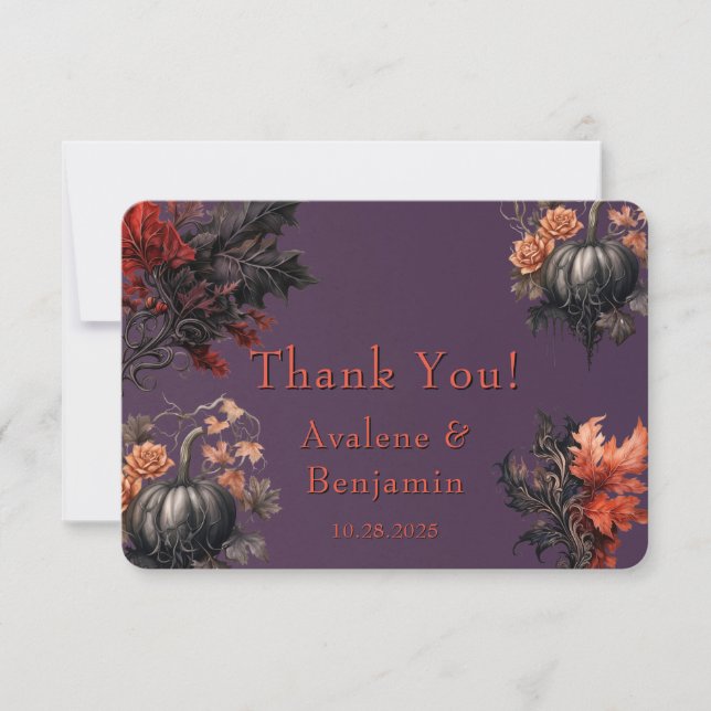 Gothic Purple Black Pumpkin Floral  Thank You Card (Front)