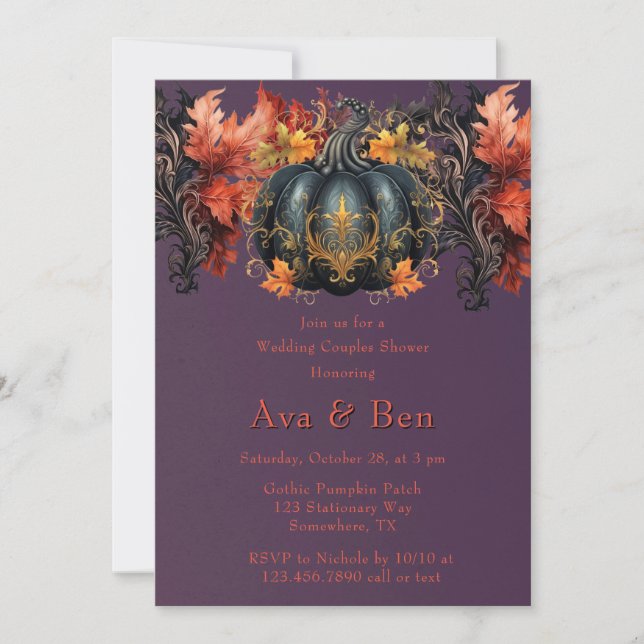 Gothic Purple Black Pumpkin Wedding Couples Shower Invitation (Front)