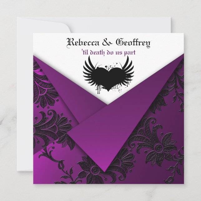 Gothic Purple, Black, White Wedding Invitation (Front)