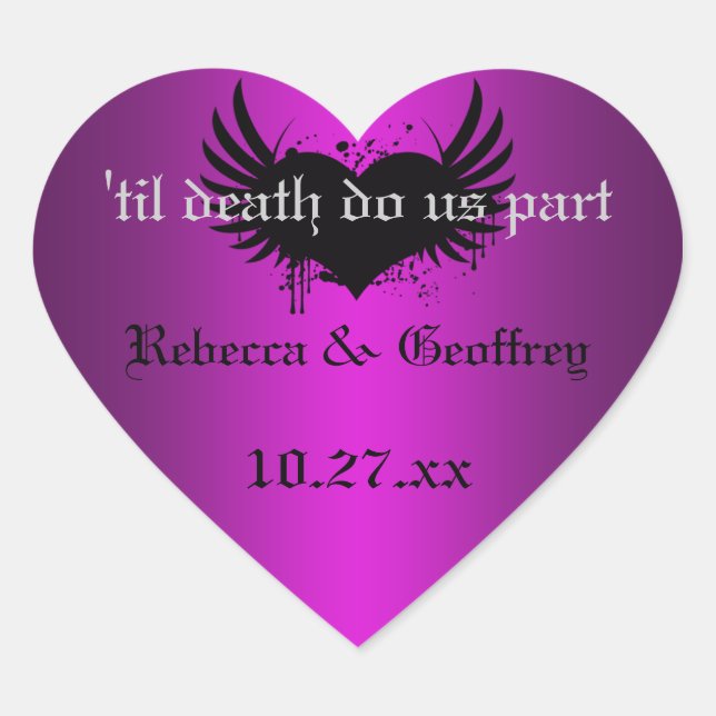 Gothic Purple, Black Winged Heart Wedding Sticker (Front)