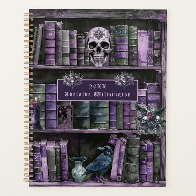 Gothic Purple Bookshelf Skull Personalized Planner (Front)
