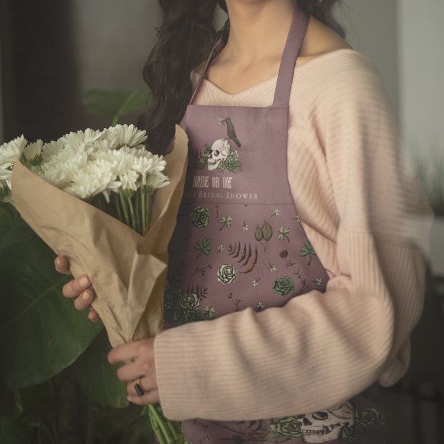 Gothic Purple Bride or Die Floral Skull Wedding Apron (Elegant Gothic Plum Purple Bride or Die Wedding Apron. Floral Skull, Clover, Shamrock & Green Roses.)