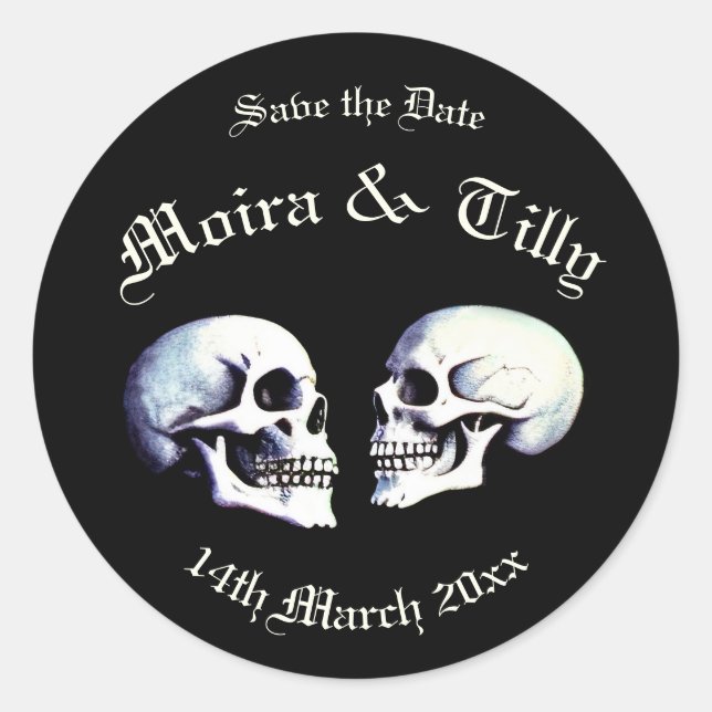 Gothic Purple Dancing Skeletons Save the Date Classic Round Sticker (Front)