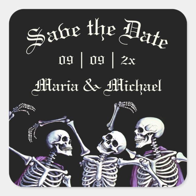 Gothic Purple Dancing Skeletons Save the Date Square Sticker (Front)