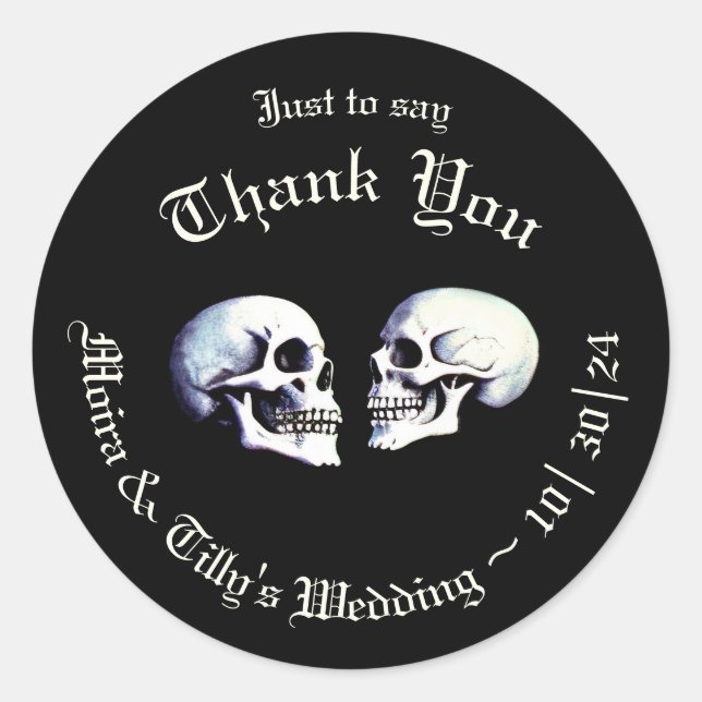 Gothic Purple Dancing Skeletons Wedding Favour Classic Round Sticker (Front)