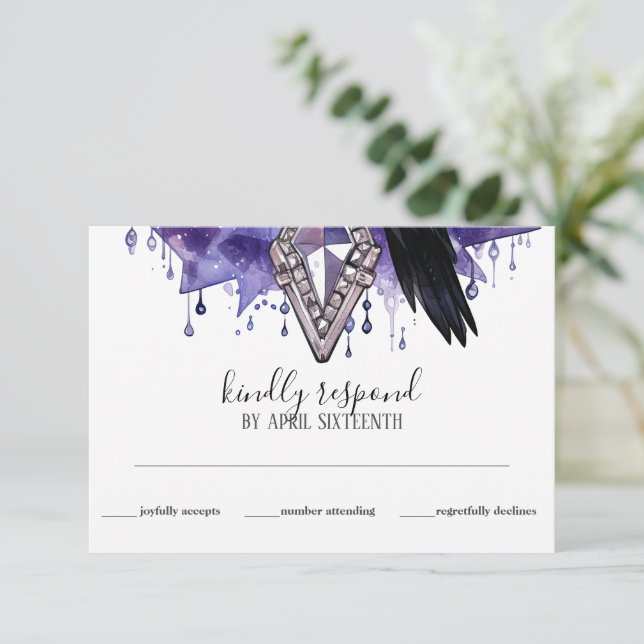 Gothic Purple Diamond & Black Feather Handfasting RSVP Card (Standing Front)