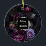 Gothic Purple Floral Bouquet on Lace with Ravens Ceramic Ornament<br><div class="desc">This ornament is perfect for a modern elegant Gothic wedding. The moody floral design features a natural bouquet of purple flowers in a luxurious arrangement on a dark purple and black lace background with two ravens.

You can personalize with your first names</div>