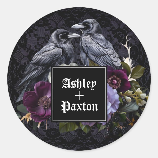 Gothic Purple Floral Bouquet on Lace with Ravens Classic Round Sticker (Front)
