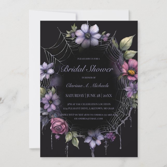 Gothic Purple Floral Spider Web Bridal Shower Invitation (Front)