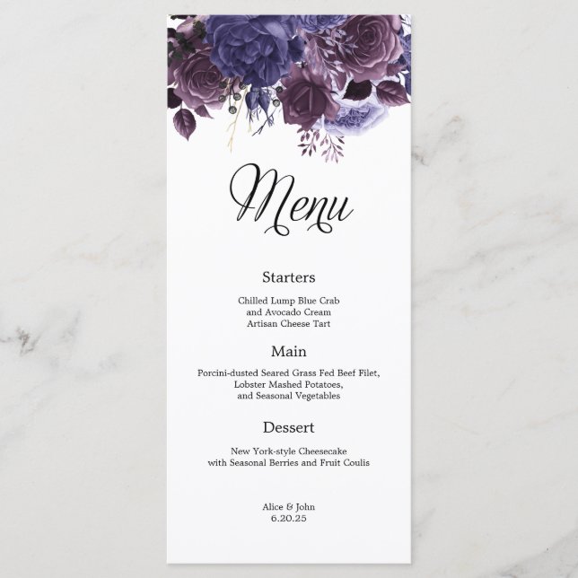 Gothic Purple Floral Wedding Menu (Front)