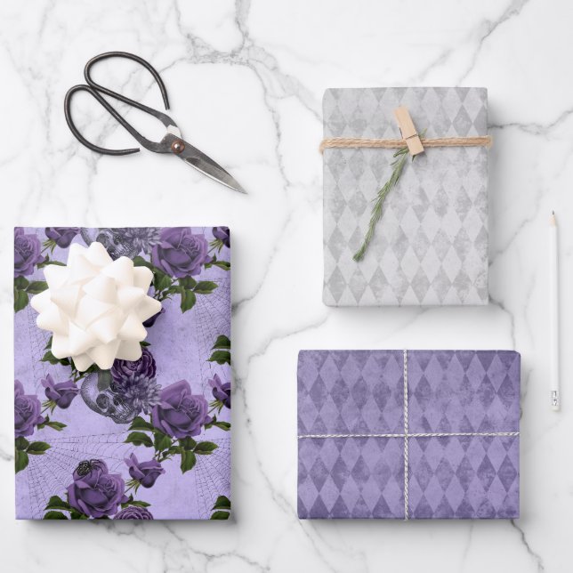 Gothic Purple & Grey Stone Skull  Wrapping Paper Sheet (Front)