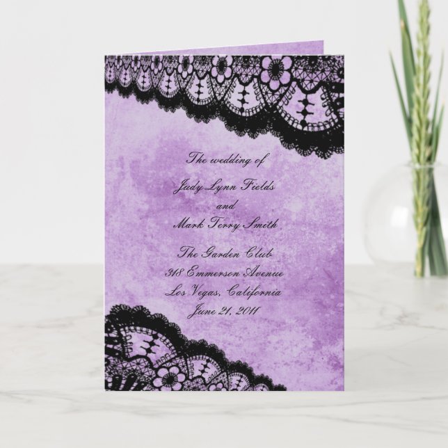 Gothic Purple Grunge Black Lace Wedding Program (Front)