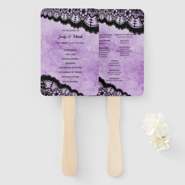 Gothic Purple Grunge Black Lace Wedding Program Hand Fan (Front and Back)
