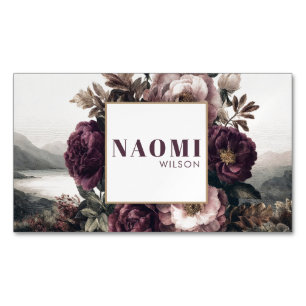 Gothic Purple Peony Lake Landscape Gold Frame Magnetic Business Card