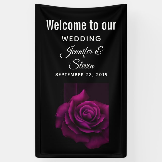 Gothic Purple-Red Rose Flower Wedding Welcome Banner (Vertical)