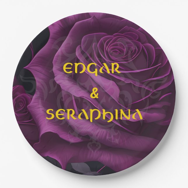 Gothic Purple Rose Black Gold Paper Plate (Front)