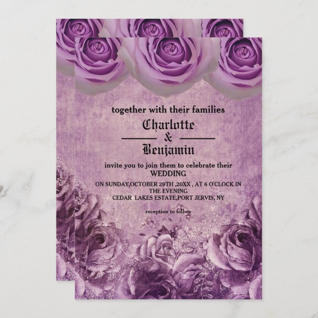  Gothic Purple Rose  Wedding  Invitation (Front/Back)
