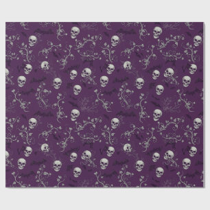 Gothic Purple Skulls Bats Botanical Pattern Wrapping Paper
