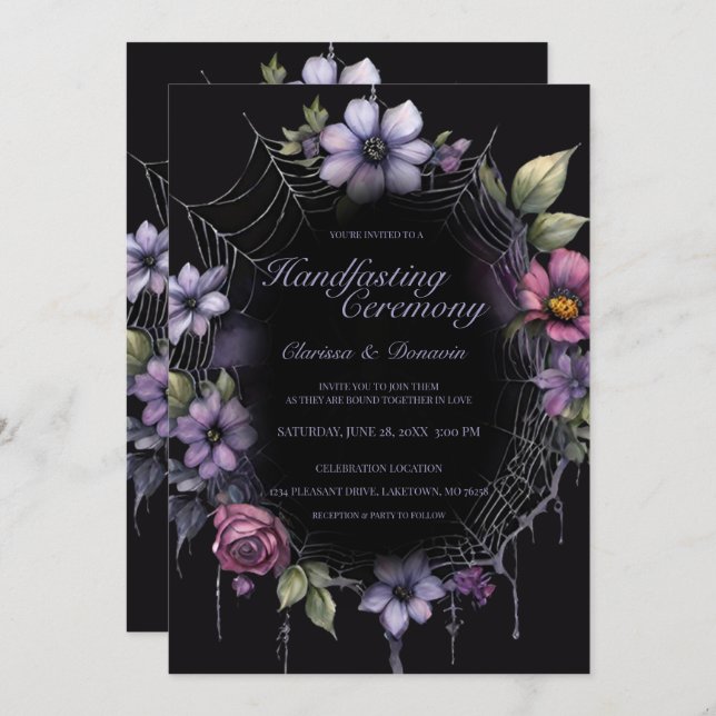 Gothic Purple Spider Floral Web Handfasting Invitation (Front/Back)