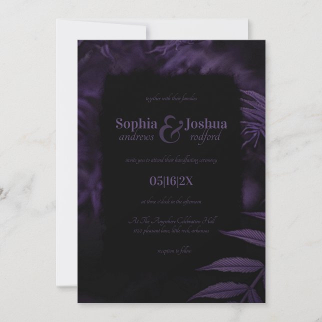 Gothic Purple Wedding Dark Leaves Handfasting Invitation (Front)