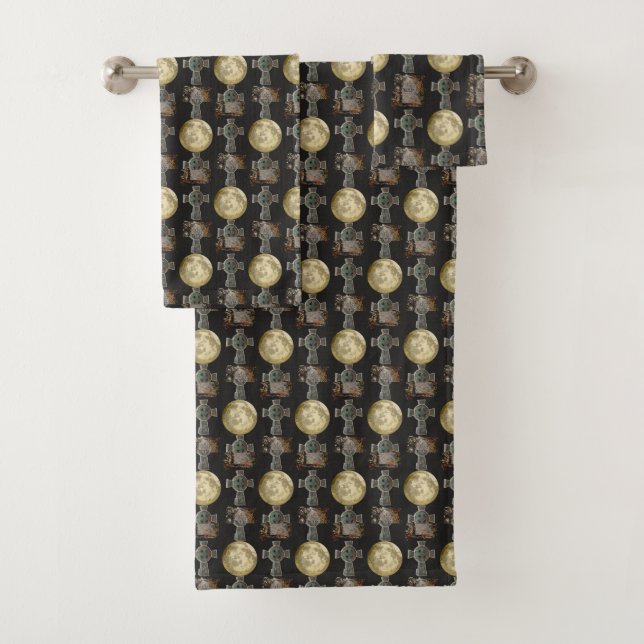 Gothic R.I.P. Headstone Celtic Cross Full Moon Art Bath Towel Set (Insitu)