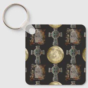 Gothic R.I.P. Headstone Celtic Cross Full Moon Art Keychain
