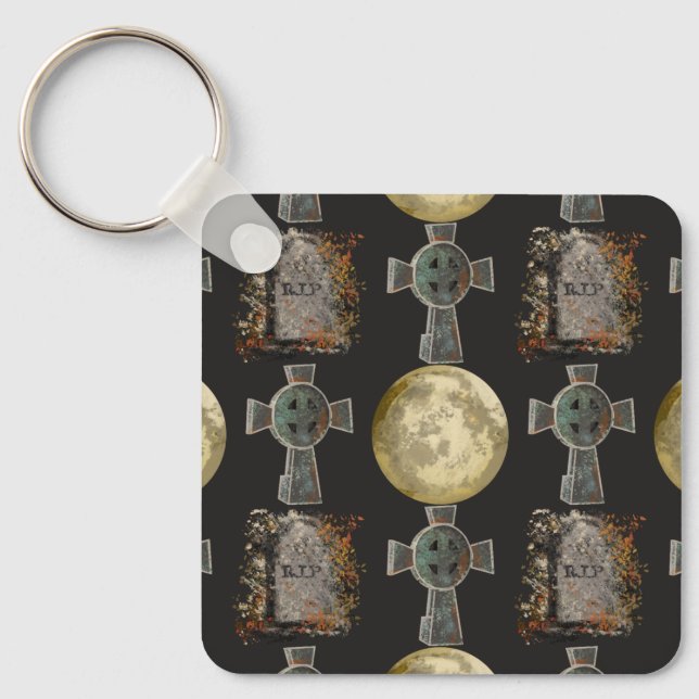 Gothic R.I.P. Headstone Celtic Cross Full Moon Art Keychain (Front)