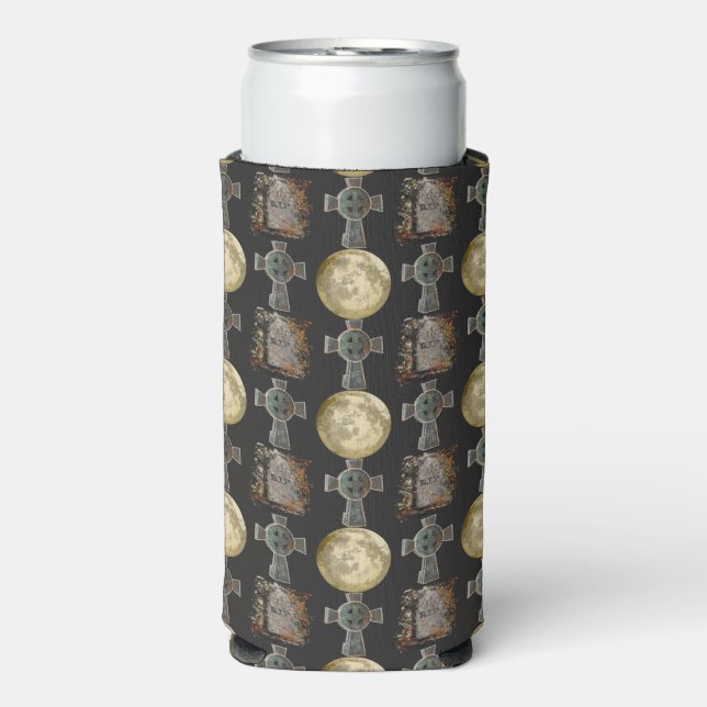 Gothic R.I.P. Headstone Celtic Cross Full Moon Art Seltzer Can Cooler (Seltzer Front)