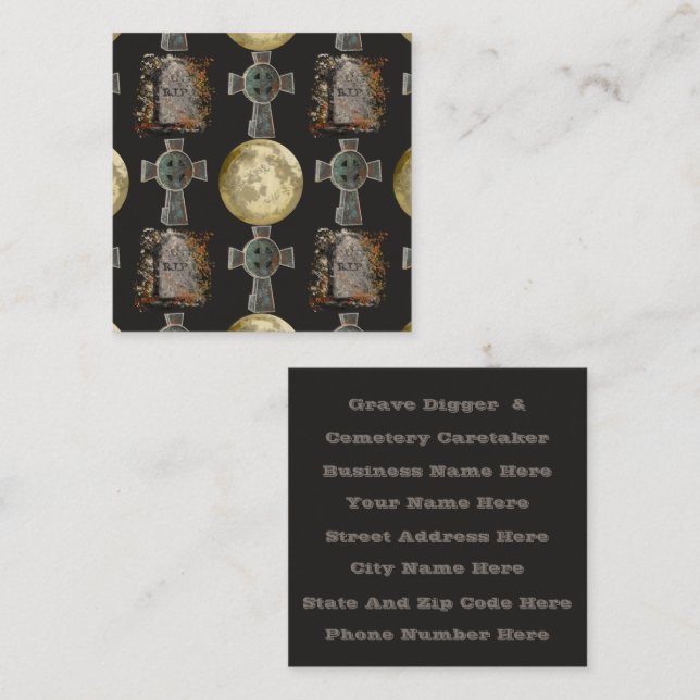 Gothic R.I.P. Headstone Celtic Cross Full Moon Art Square Business Card (Front/Back)
