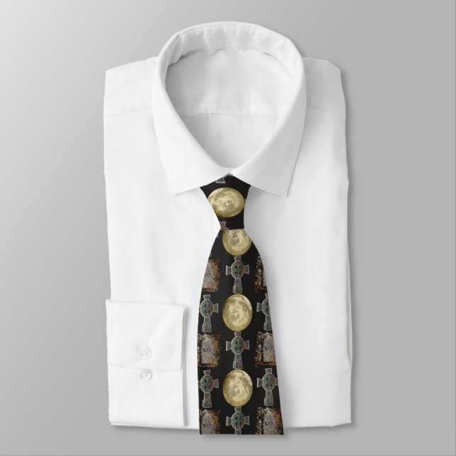 Gothic R.I.P. Headstone Celtic Cross Full Moon Art Tie (Tied)