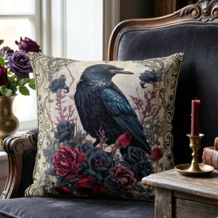 Gothic Raven and Roses Throw Pillow