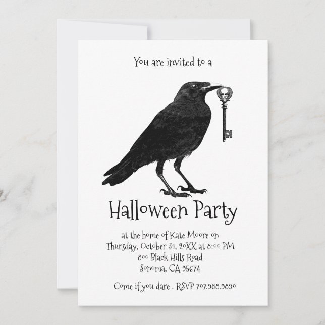 Gothic Raven And Skeleton Key Halloween Party Invitation (Front)