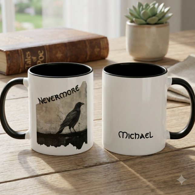 Gothic raven art literary gift mug (Custom Poe mug for your dark-hearted friend's birthday.)