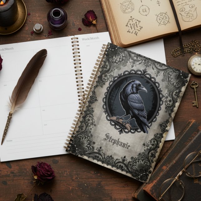 Gothic Raven Black Vintage Planner (Gothic Raven desk planner)
