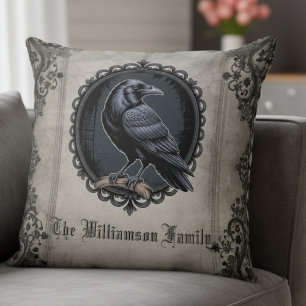 Gothic Raven Black Vintage Throw Pillow