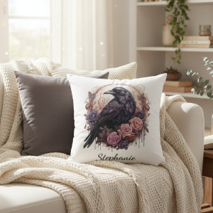 Gothic Raven Floral Dark Academia Throw Pillow