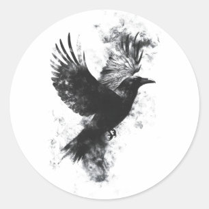 Gothic Raven Illustration: Smoke and Feathers Classic Round Sticker