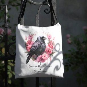 Gothic Raven Pink Floral Dark Academia Crossbody Bag