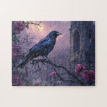 Gothic Raven Purple Roses Jigsaw Puzzle<br><div class="desc">This striking digital artwork features a gothic raven perched among deep purple roses, set against a dark, moody backdrop. The combination of the mysterious bird and rich floral elements creates an enchanting, gothic-inspired aesthetic perfect for dark art lovers.</div>