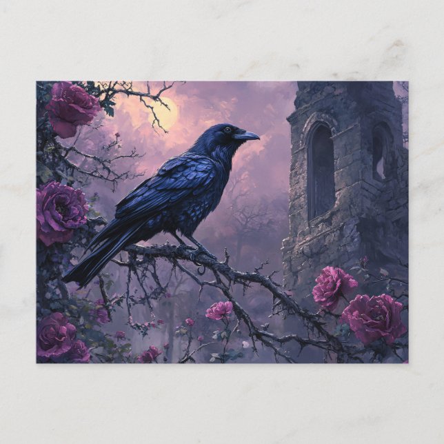 Gothic Raven Purple Roses Postcard (Front)
