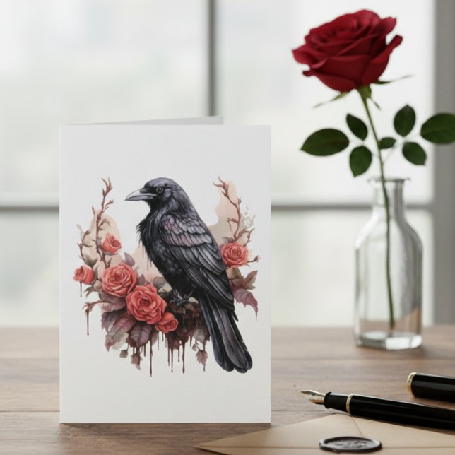 Gothic Raven Red Rose Dark Academia (Black raven with roses blank note card)