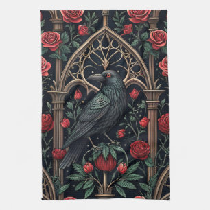 Gothic Raven Roses Ornate Pattern Kitchen Towel