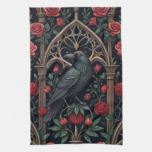Gothic Raven Roses Ornate Pattern Kitchen Towel (Vertical)
