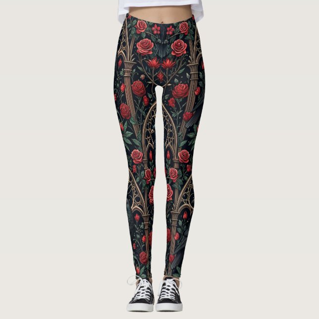 Gothic Raven Roses Ornate Pattern Leggings (Front)
