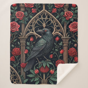 Gothic Raven Roses Ornate Pattern Sherpa Blanket