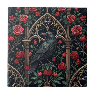 Gothic Raven Roses Ornate Pattern Tile